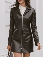 Sleek Black Zip-Front Faux Leather Blazer Style - Mini Dress