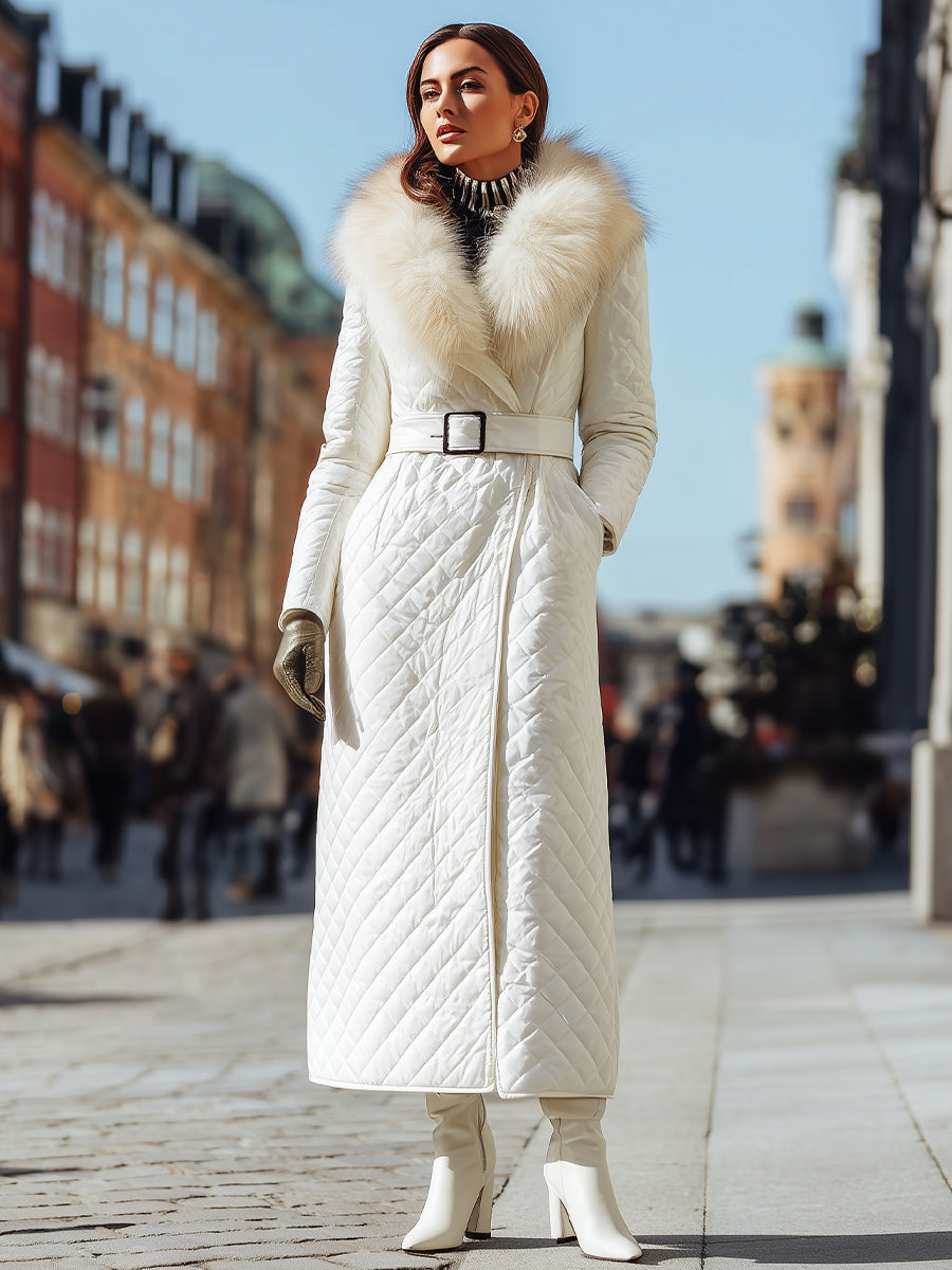 Ivory Quilted Coat With Faux Fur Collar And Belted Waist - Coat