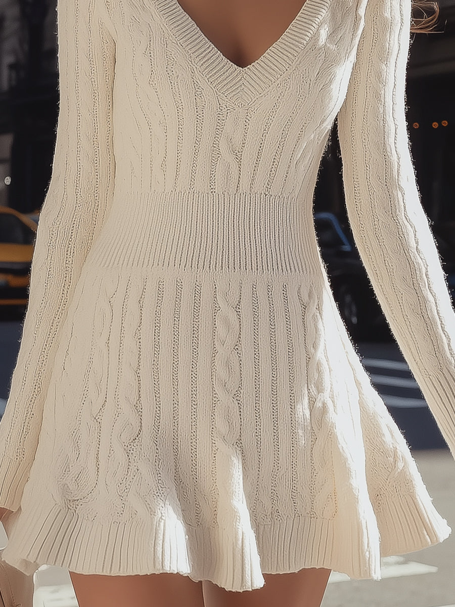 Cozy Cable Knit V-Neck Flared Hem - Sweater Dress