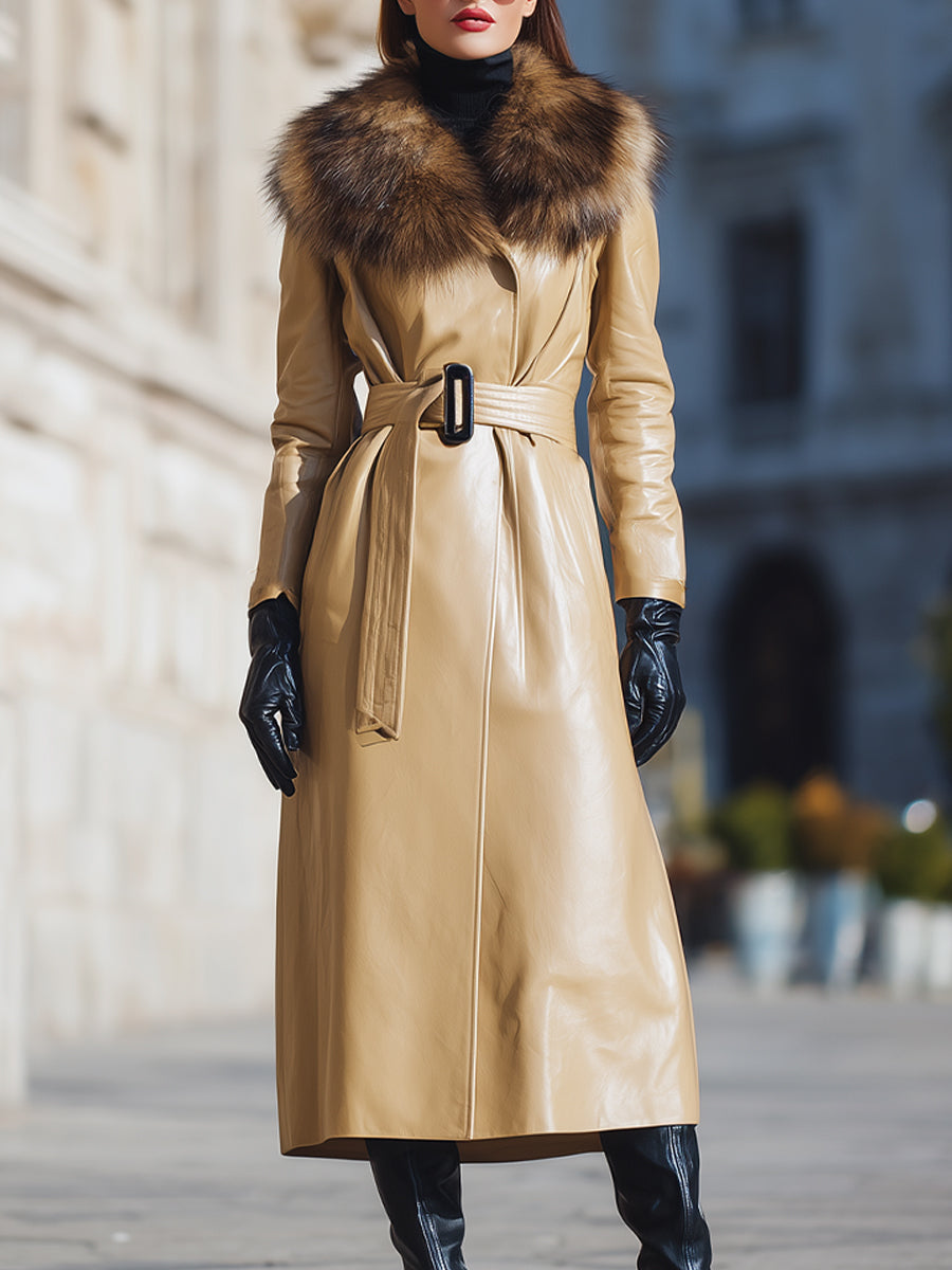 Camel Faux Leather Fur-Collar - Coat