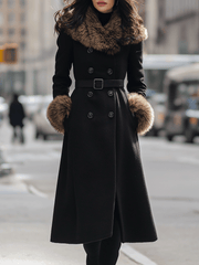 Black Double-Breasted Coat With Faux Fur Collar & Cuffs - Women's Coat