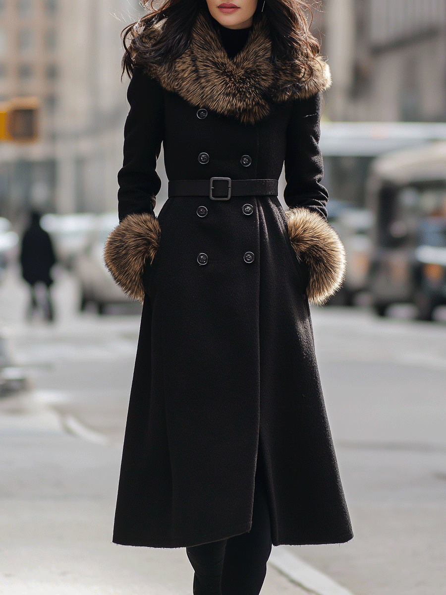 Black Double-Breasted Coat With Faux Fur Collar & Cuffs - Women's Coat