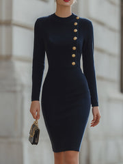 Elegant Navy Bodycon With Gold Button Detail - Mini Dress