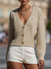 Gold-Thread Knit Button-Front Champagne Beige - Cardigan
