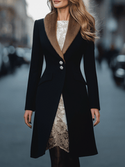 Black Longline Coat with Faux-Fur Collar & Crystal Buttons - Coat