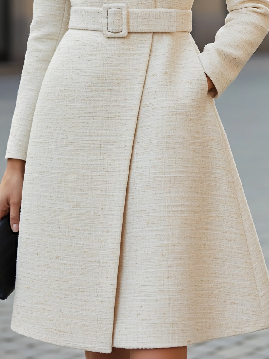 Elegant High-Neck Belted Wool-Blend - Midi Dress