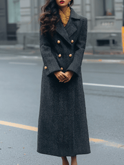 Charcoal Herringbone Double-Breasted Tailored - Long Coat