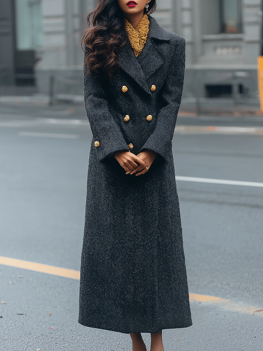 Charcoal Herringbone Double-Breasted Tailored - Long Coat