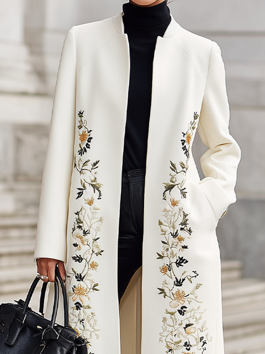Ivory Embroidered Longline Silhouette - Longline Coat