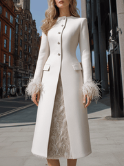 Ivory Feather-Cuff Embellished Longline Coat-Dress - Maxi Dress