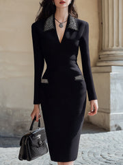Elegant Beaded Collar Bodycon Evening Partywear - Midi Dress