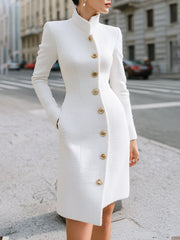 Regal White High-Neck Button Detail - Midi Dress
