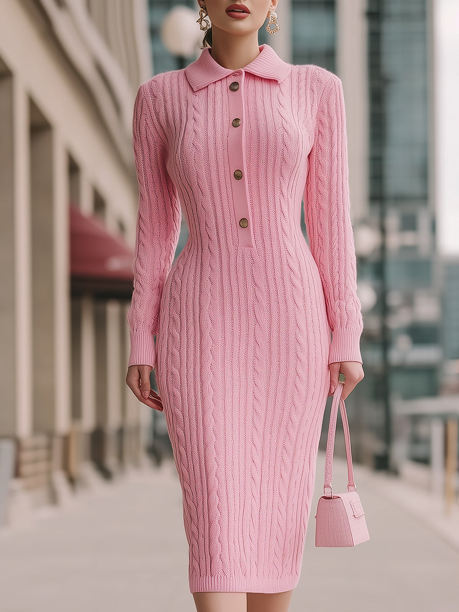 Sweet Pink Cable-Knit Polo Collar - Midi Dress
