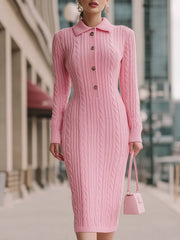 Sweet Pink Cable-Knit Polo Collar - Midi Dress