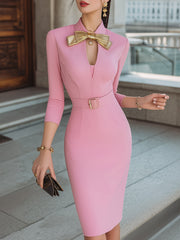 Elegant Bow Collar Pencil Silhouette - Midi Dress