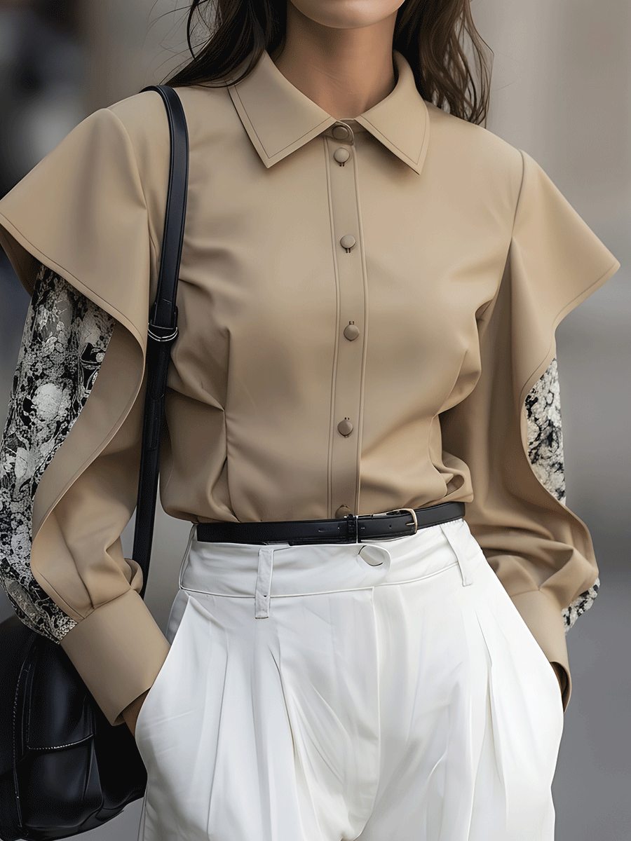 Taupe Button-Down With Draped Overlay Sleeves and Floral Contrast - Blouse