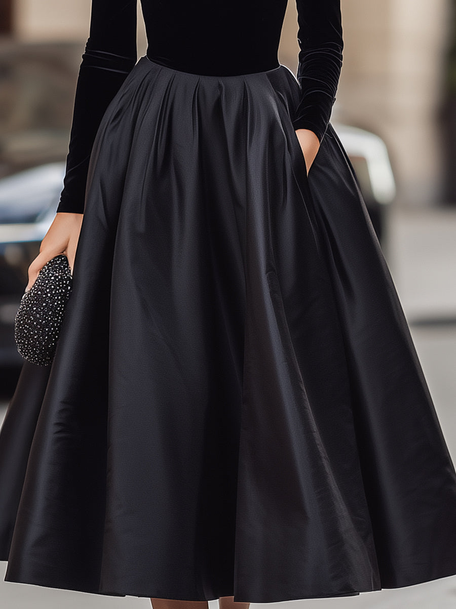 Elegant Black Velvet With Satin Trim - Midi Dress