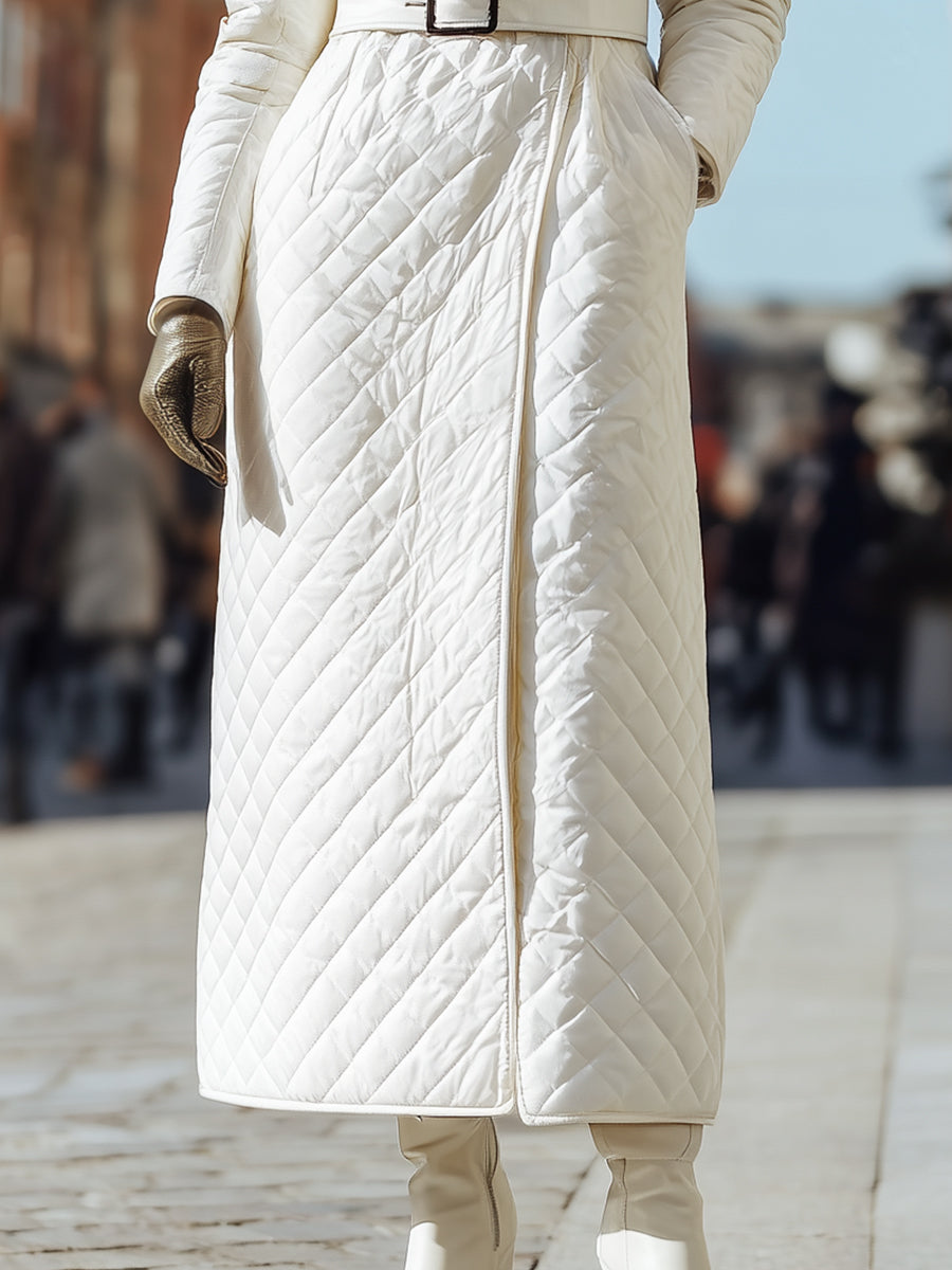 Ivory Quilted Coat With Faux Fur Collar And Belted Waist - Coat