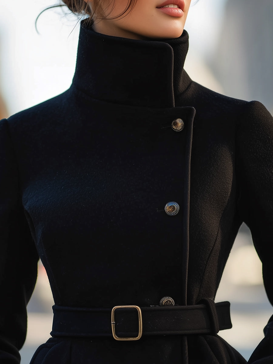 Elegant Black Belted Wool-Blend Tailored - Coat