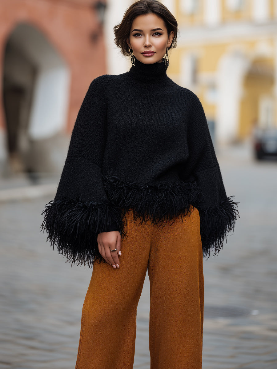 Feather-Trim Turtleneck Knit - Sweater