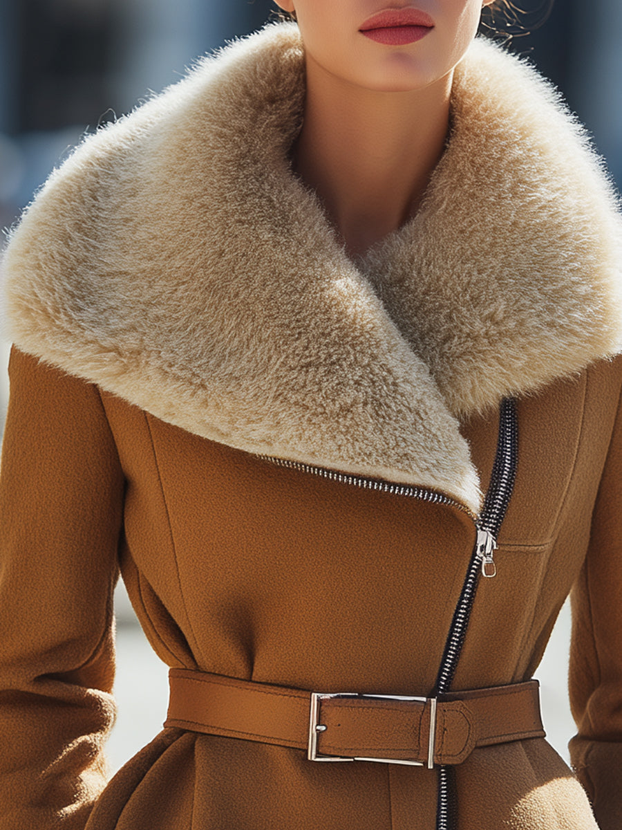 Caramel Wool Oversized Shearling Collar - Shearling Jacket