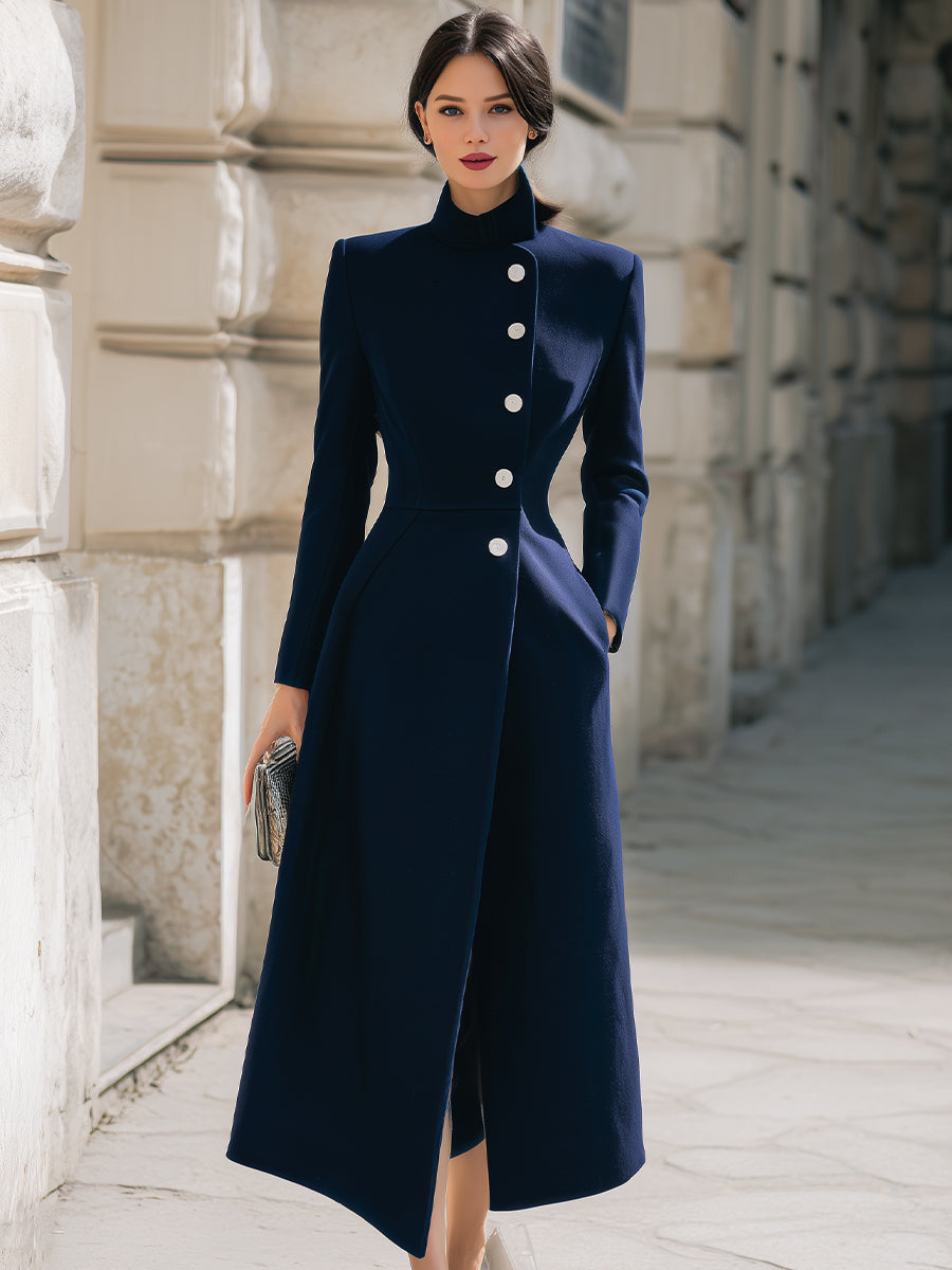 Elegant Navy Stand Collar Longline - Maxi Coat