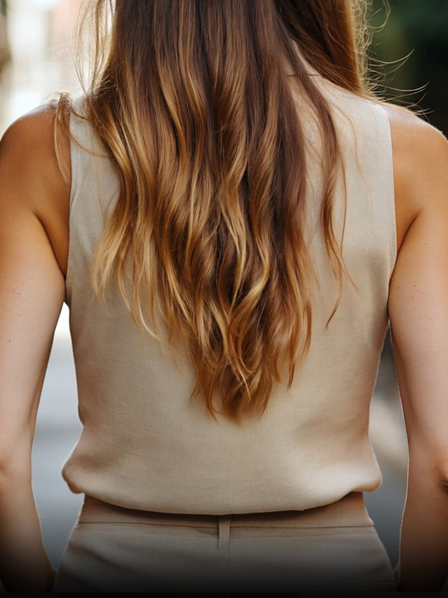 Minimalist High-Collar Sleeveless Linen Top - Blouse