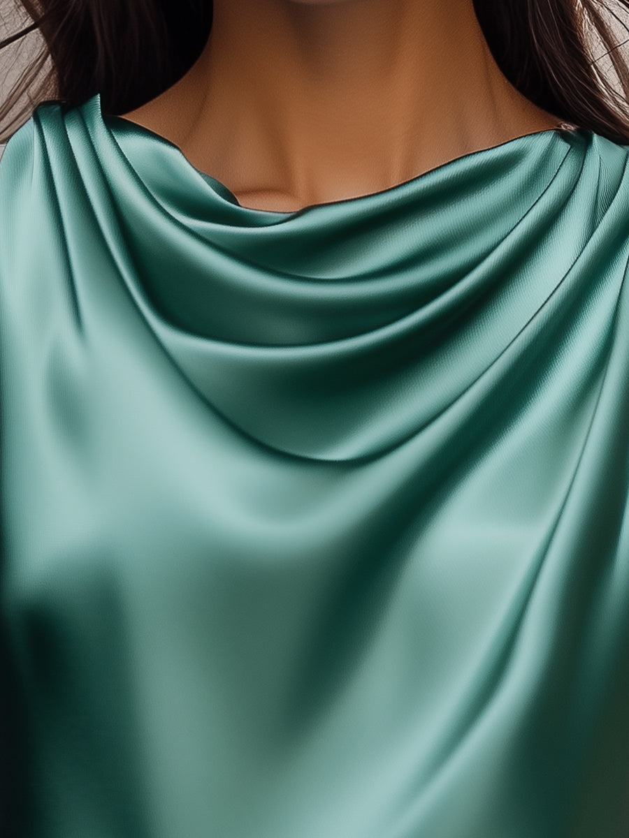 Teal Satin Drape Neck - Women's Blouse
