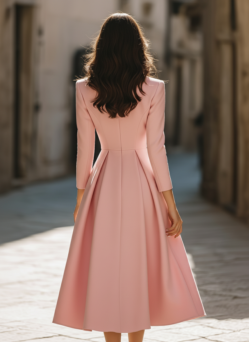 Pleated Blazer-Style Tailored Workwear Dress - Midi Dress