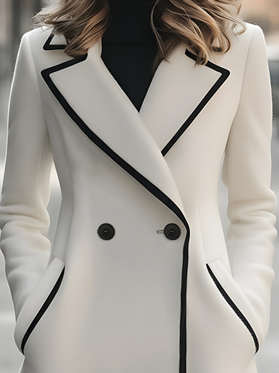 Elegant Double-Breasted Coat with Black Piping - Women's Coat