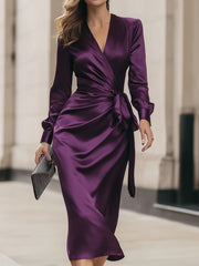 Deep Plum Satin Wrap with Tie Waist - Midi Dress