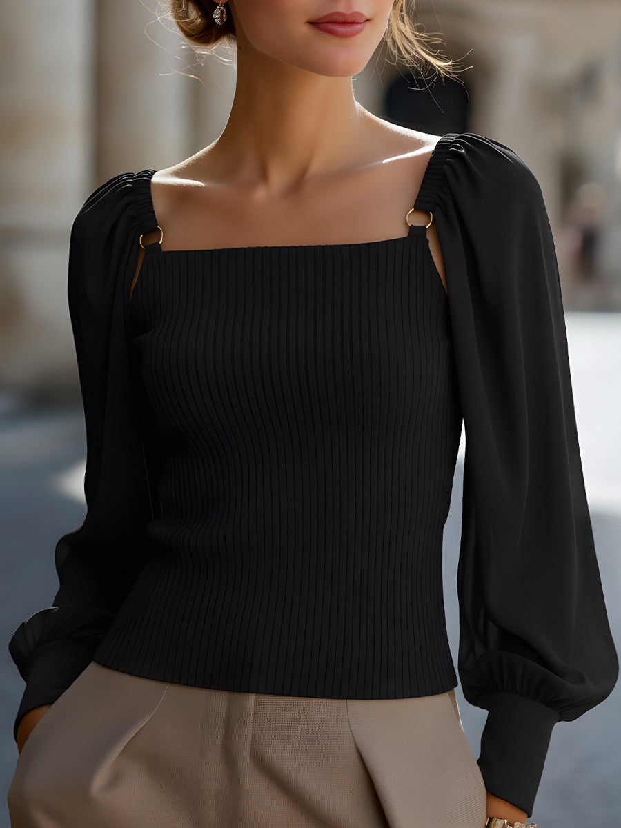 Ribbed Knit Top With Chiffon Balloon Sleeves MLZ