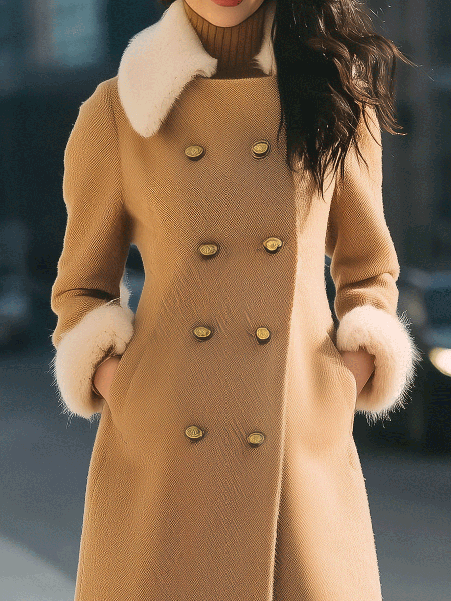 Camel Double-Breasted with Contrast Fur Trim - Coat