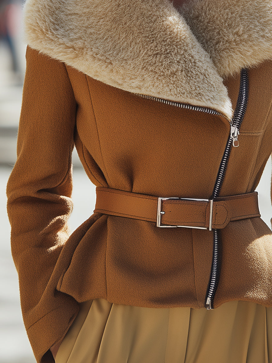 Caramel Wool Oversized Shearling Collar - Shearling Jacket