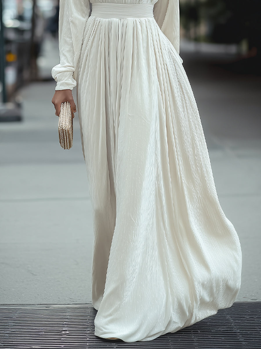 Elegant High-Neck Pleated White - Maxi Dress