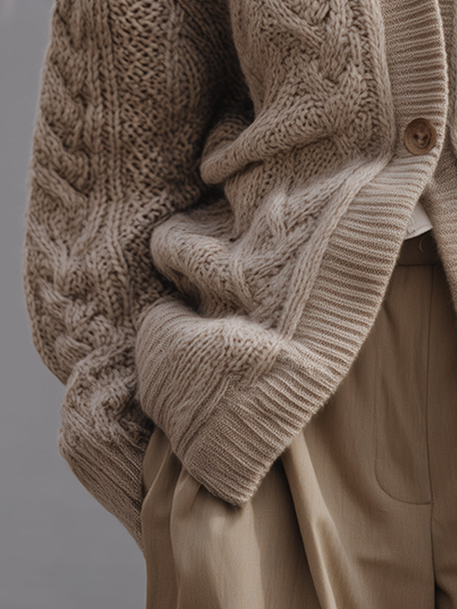 Oversized Chunky Cable Knit Button-Front - Cardigan