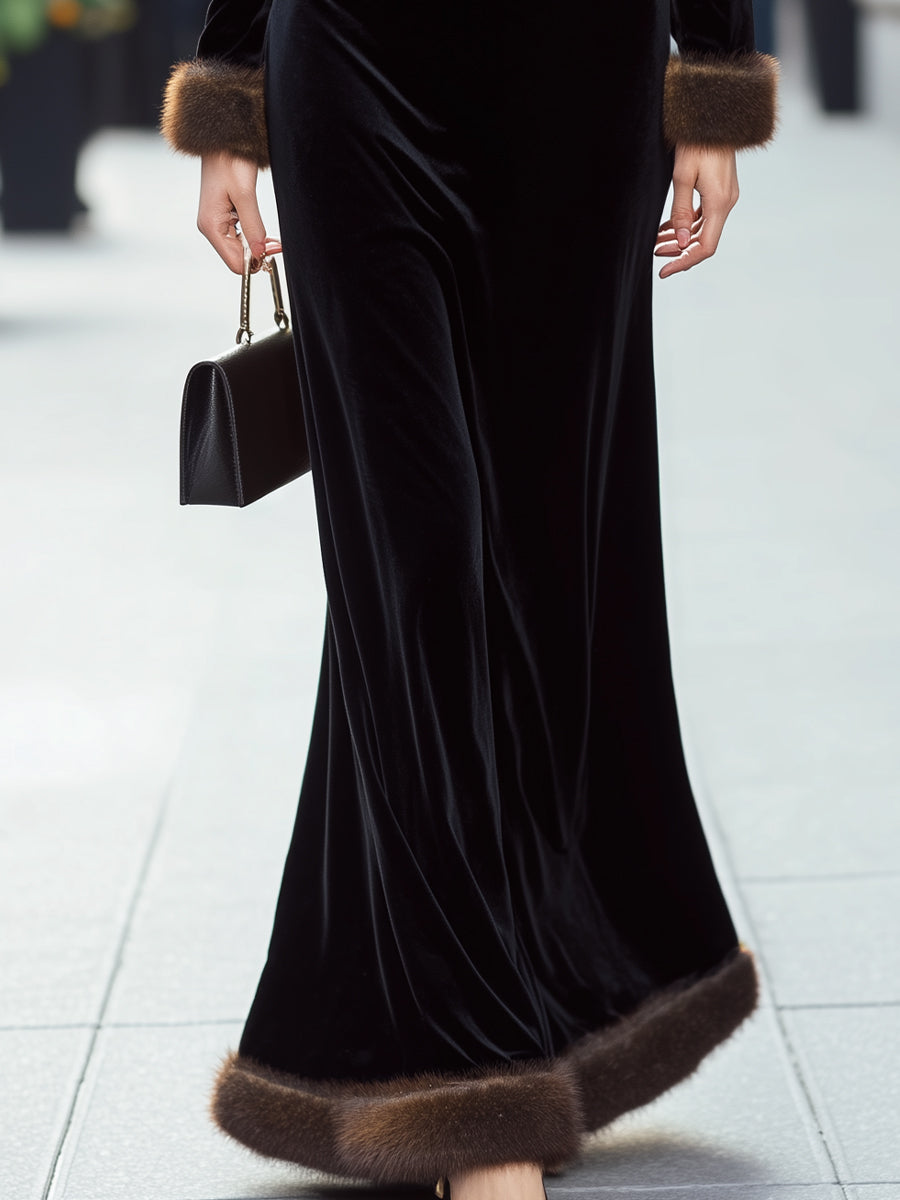 Luxury Black Velvet Evening Gown with Faux Fur Trim - Maxi Dress