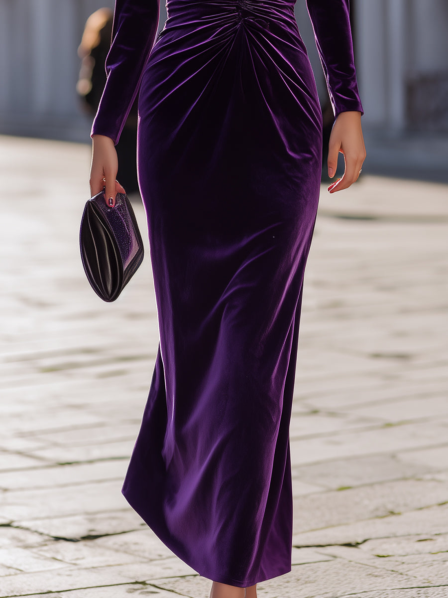 Luxe Purple Velvet Draped Evening Style - Maxi Dress