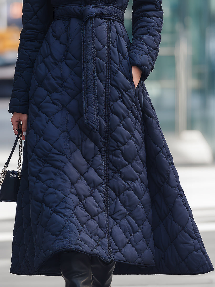 Navy Quilted Belted Wrap - Long Coat