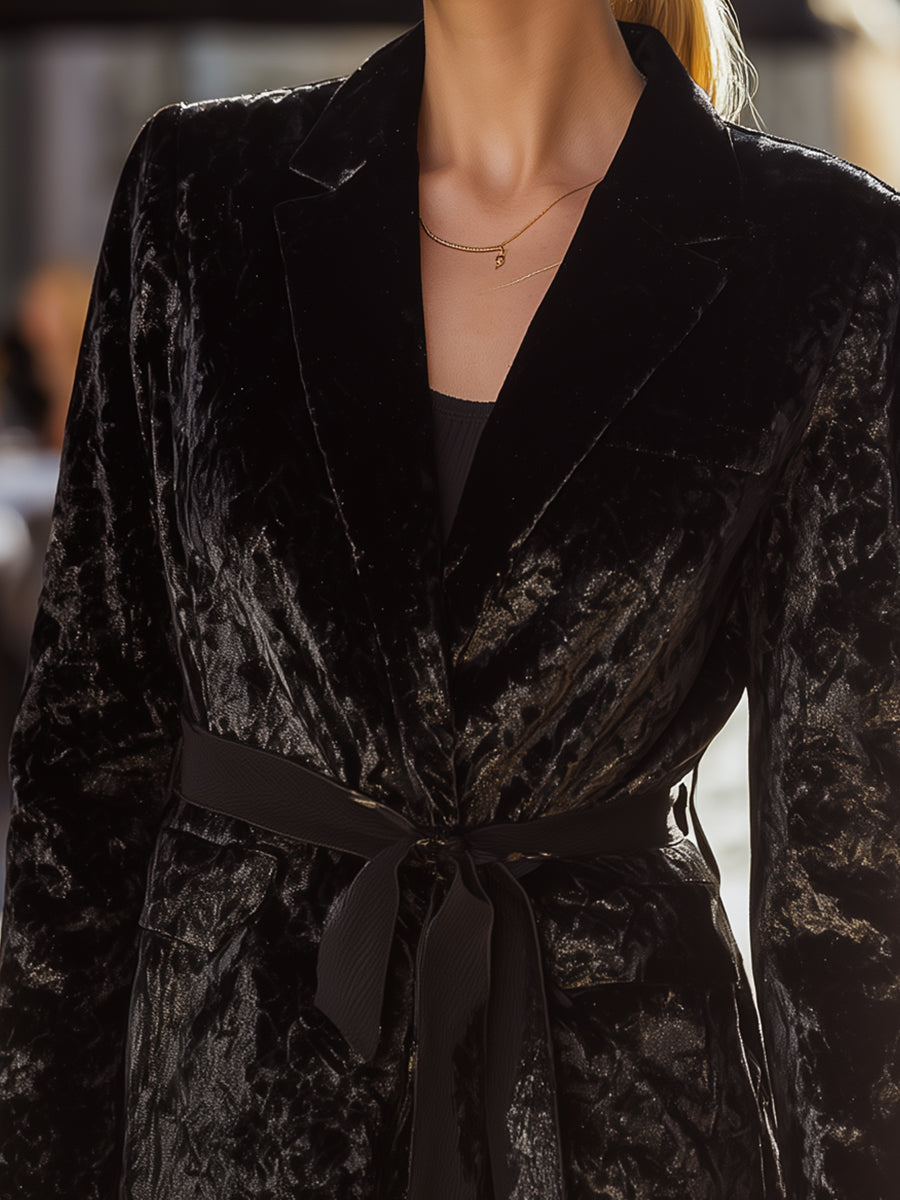 Women's Black Velvet Belted Tailored Blazer - Blazer
