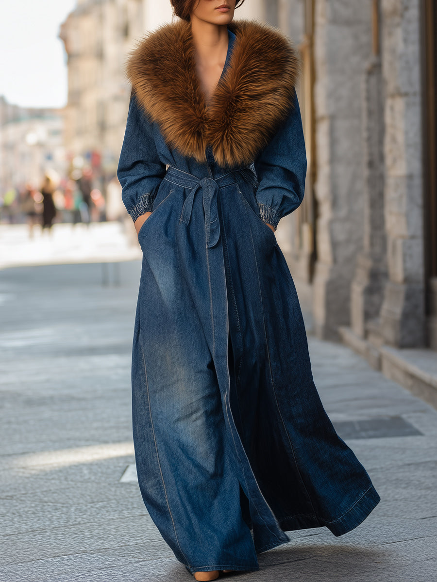 Women's Faux Fur Collar Longline Denim Coat - Denim Coat