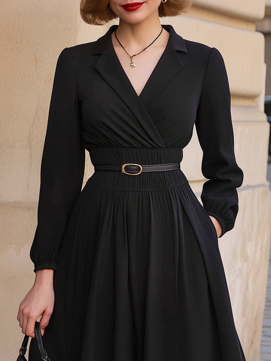 Long-Sleeve A-Line Belted Waist Flowy Maxi - Maxi Dress