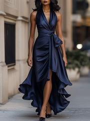 Midnight Satin Halter with Ruffle Detail - Maxi Dress