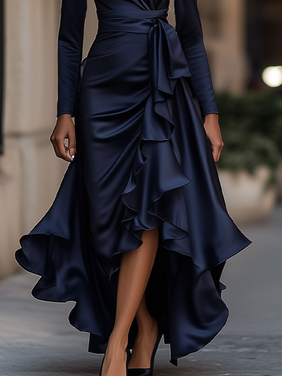 Midnight Blue Draped Satin Ruffle Trim - Maxi Dress