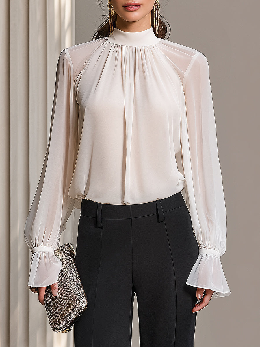 High-Neck Long-Sleeve Draped Blouse XYS