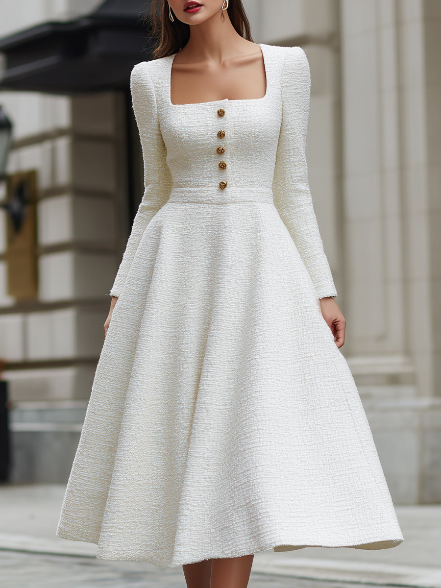 Ivory Tweed Square Neck Tailored Sleeveless - Midi Dress