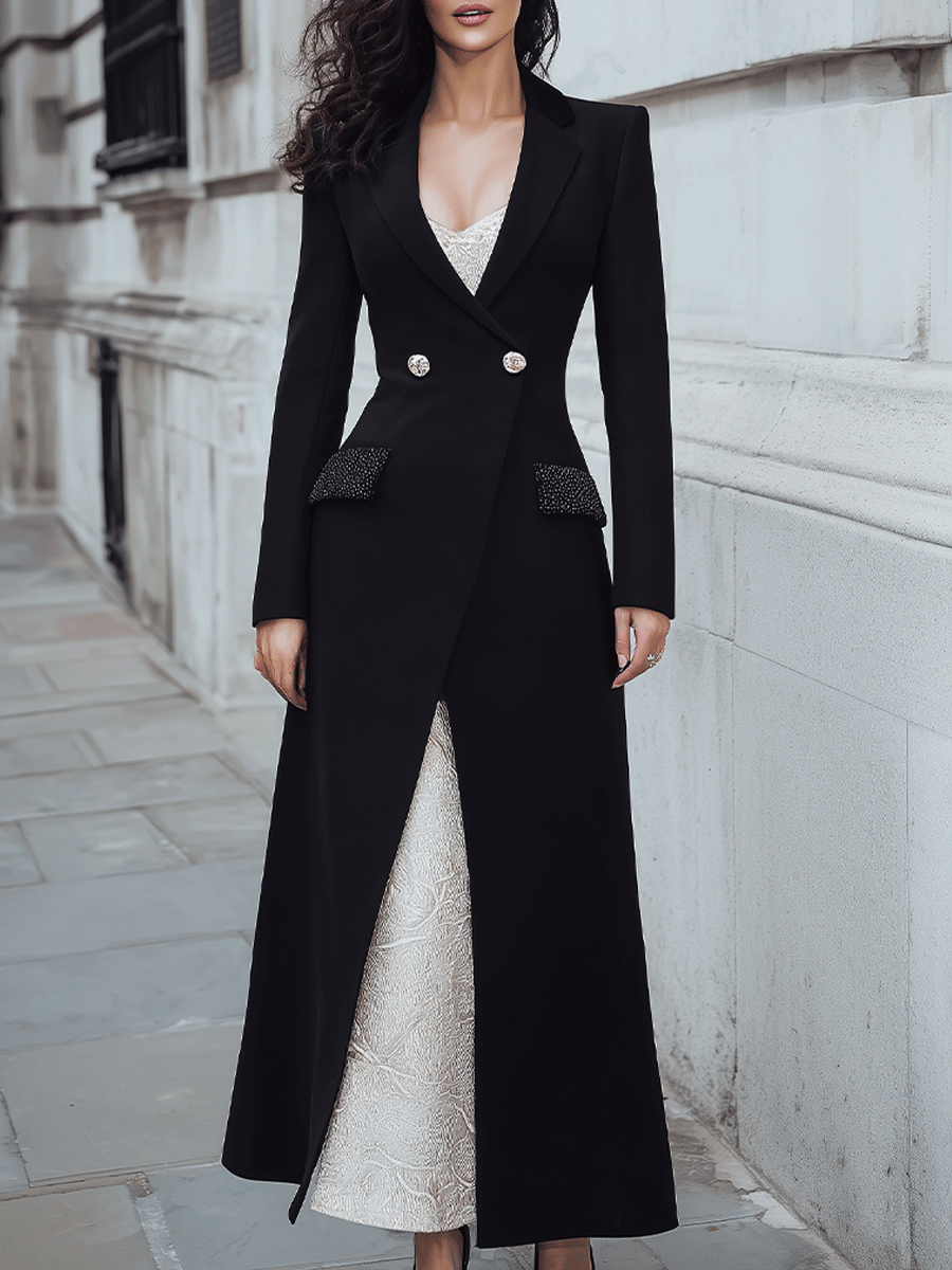 Tailored Black Longline Blazer Dress with Embellished Pockets & Contrast Underdress - Midi Dress