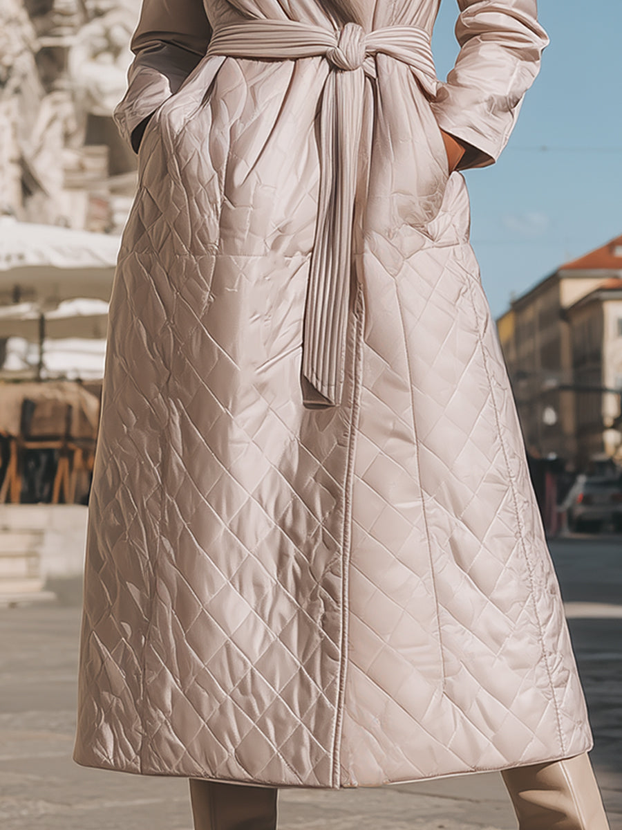 Cream Quilted Coat With Faux Fur Collar & Tie Belt - Women's Coat