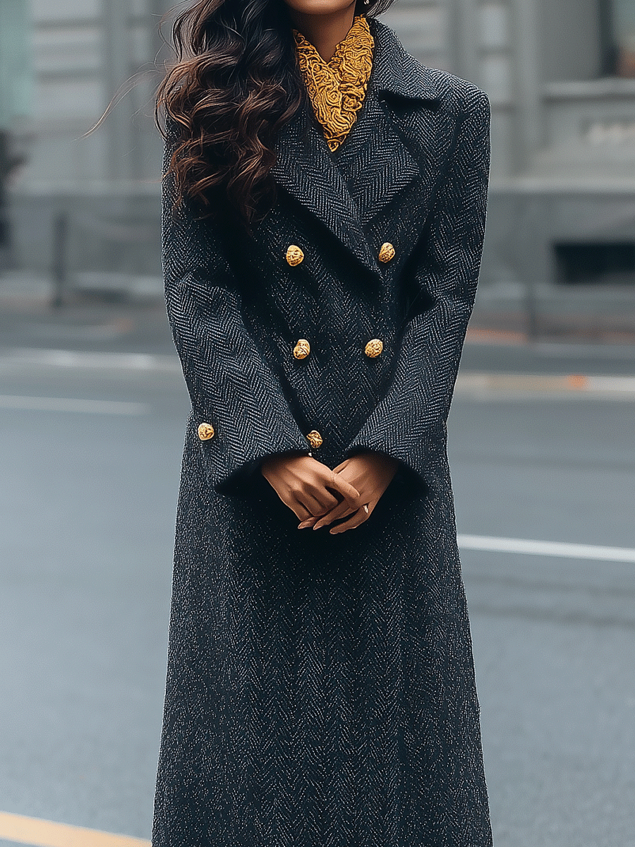 Charcoal Herringbone Double-Breasted Tailored - Long Coat