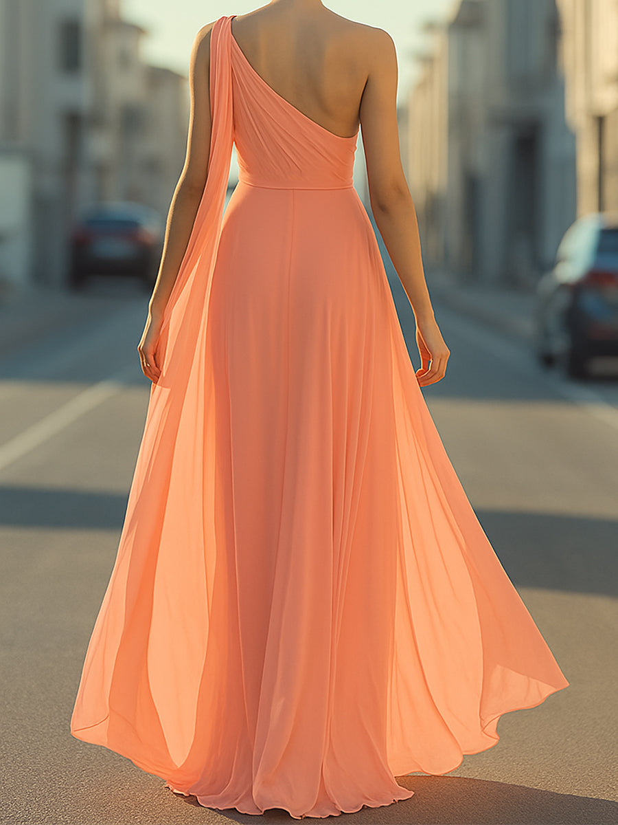Ethereal One-Shoulder Chiffon Draped - Maxi Dress